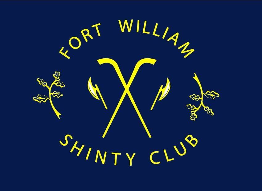 The logo of Fort William Shinty Club. Two shinty sticks crossed with Lochaber axes . The logo is yellow with a blue background