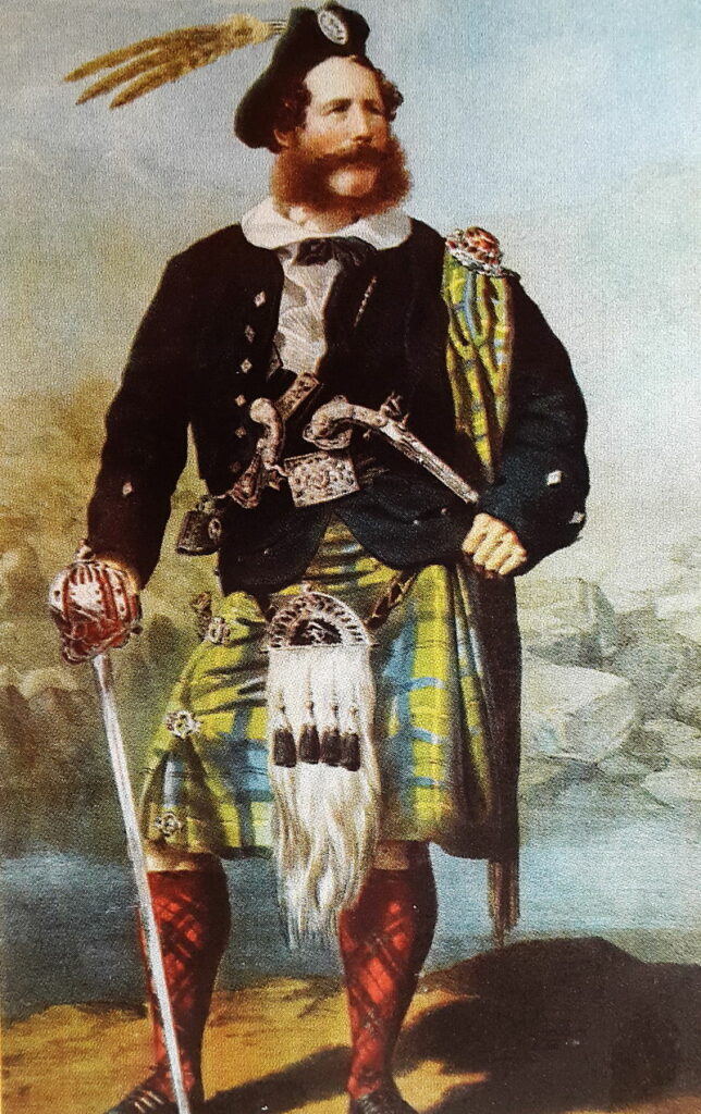 Colour sketch of Gordon-Cumming in Highland dress