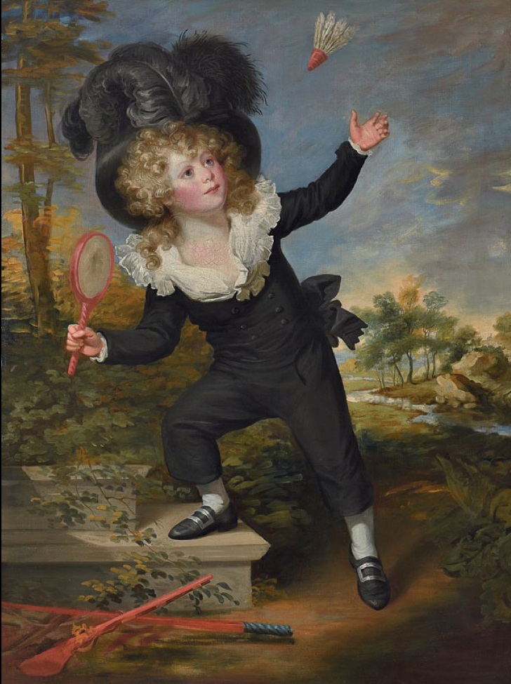 a oil painting of a young boy in 18th century in a velvet play suit holding a battledore