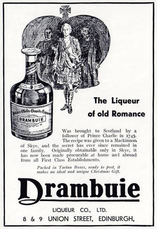 Black and white printed advertisement. Top left features an image of Prince Charles Edward Stuart and a bottle of Drambuie overlaid. The advert is titled "The liqueur of old romance"