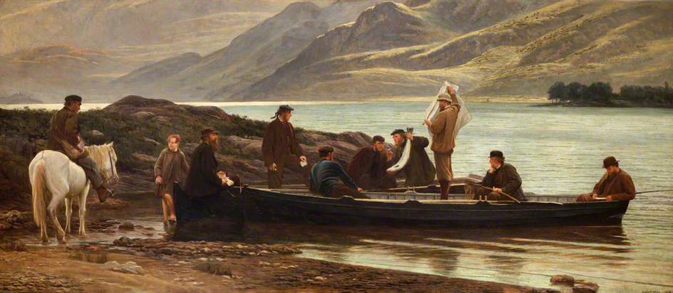 a man on a white pony at the shoreline to a loch looks to men and a child in a boat. The loch is still and there are hills in the background